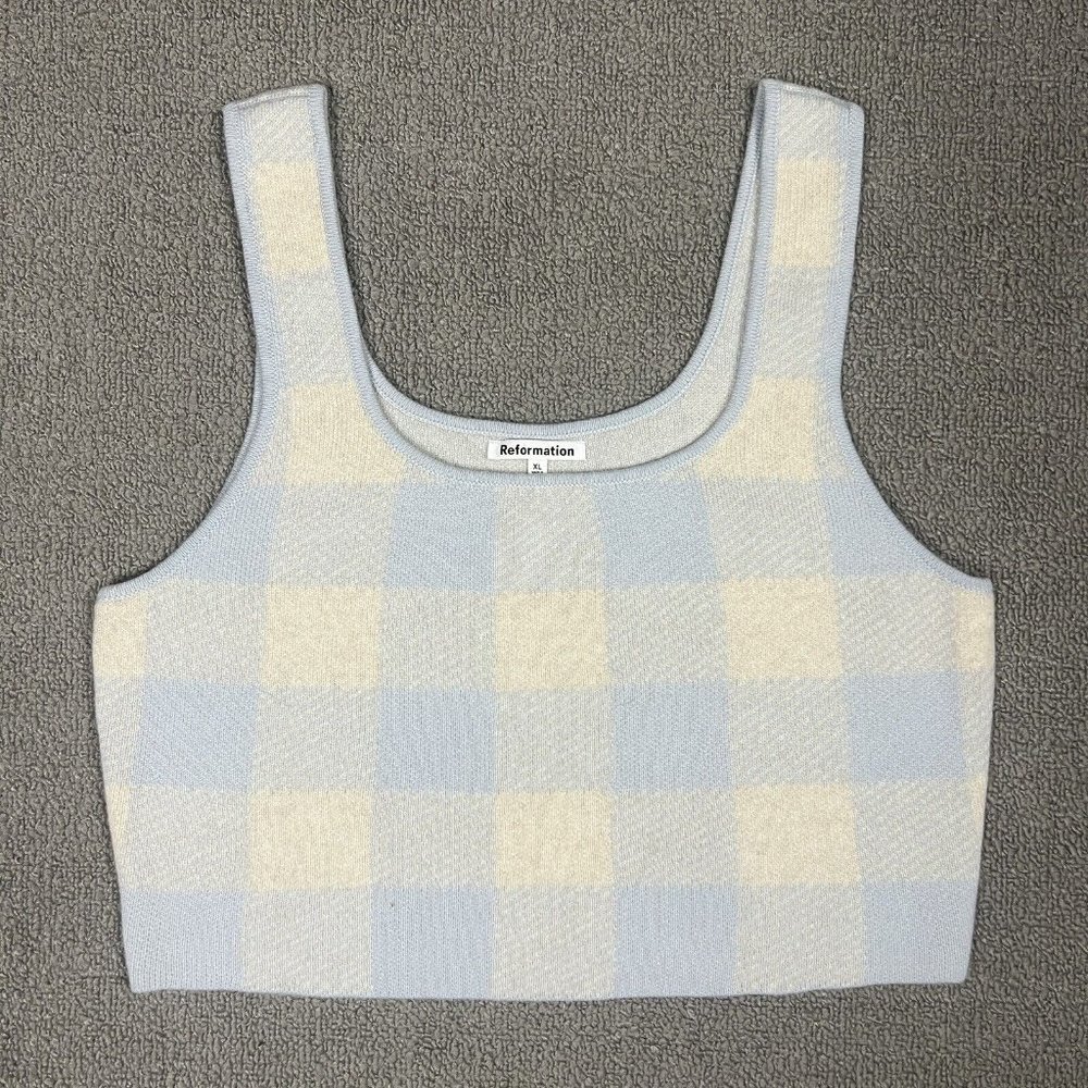 Reformation Light Blue and Cream Check Knit Crop Tank